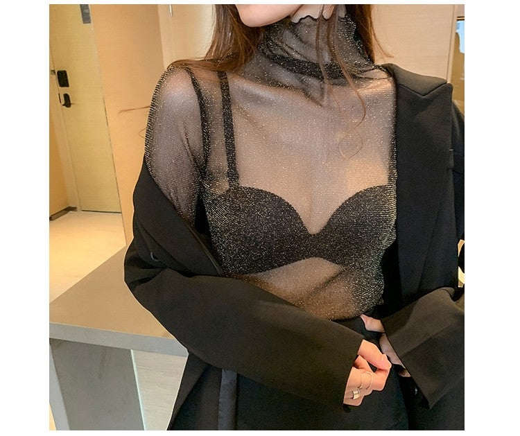 Spring Summer Women's Sexy See Through Mesh Blouse Long Sleeve Transparent Shining Elegant Shirt Fashion Women Tops 2025