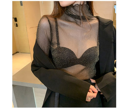 Spring Summer Women's Sexy See Through Mesh Blouse Long Sleeve Transparent Shining Elegant Shirt Fashion Women Tops 2025