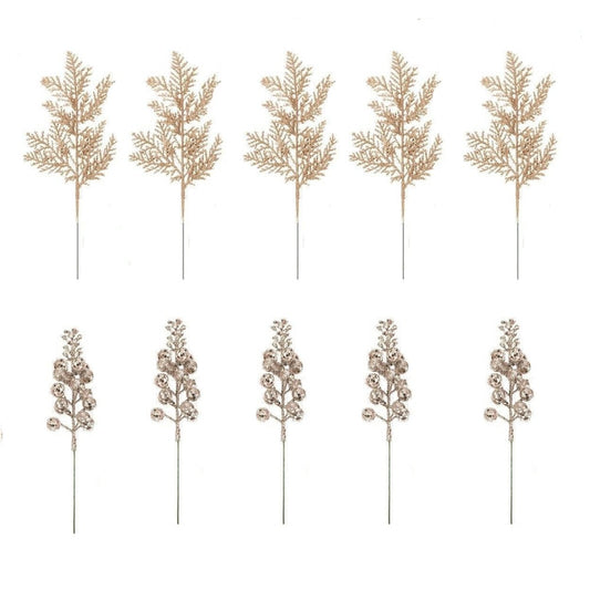 10Pcs Glitter Christmas Decoration Artificial Berrys Bouquets Stalk Pine Needle Xmas Tree Ornament Xmas DIY Wreath Gift