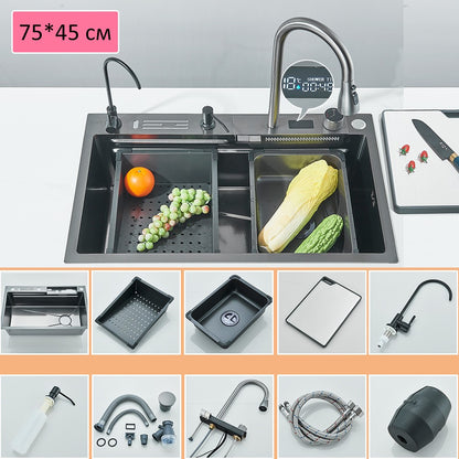 Large 304 Kitchen Sinks 75x45cm Stainless Steel Kitchen Waterfall Sink Digital Display Large Single Sink Dish Washer Faucet