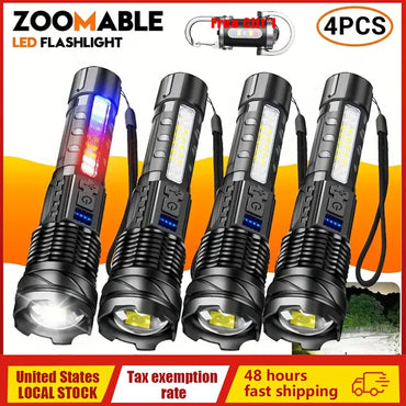 4PACK Super Bright Rechargeable LED Flashlight Zoom Tactical LED Light for Hiking Camping Fishing Lantern Built in 18650 Battery