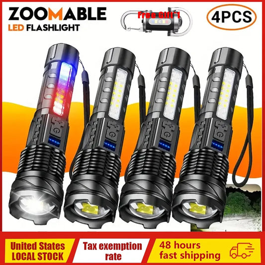 4PACK Super Bright Rechargeable LED Flashlight Zoom Tactical LED Light for Hiking Camping Fishing Lantern Built in 18650 Battery