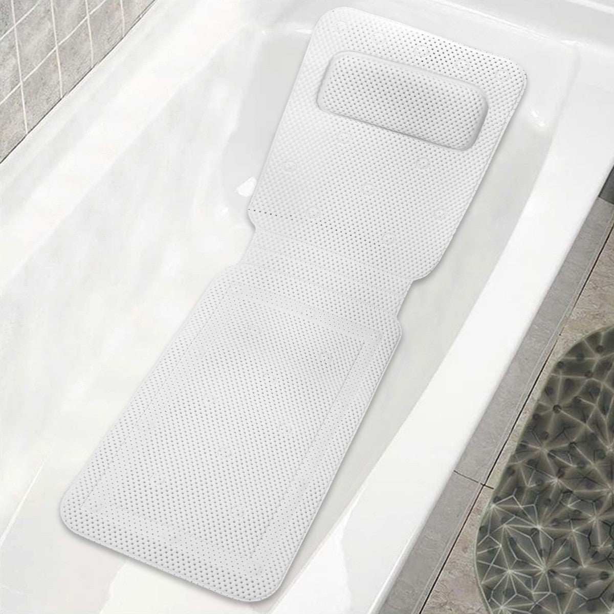 Non-slip Bathtub Cushion Mat with Suction Cup Full Body Rest Bath Pillow SPA Neck Cushion Hangable Bathroom Safety Accessories