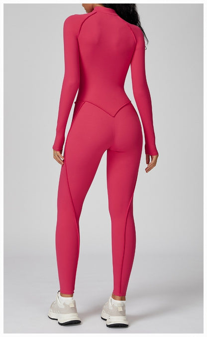 Women's Yoga Jumpsuit Long Sleeved Stand Collar Half Zip High-Intensity Workout One Piece Contrast Color Gym Fitness BodySuit