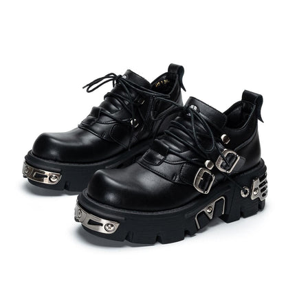 2025 New Dark Punk Style Woman Gothic Flame Carved Vintage Rock Boots Leather Shoes Metal Niche Low Top Platform Shoes