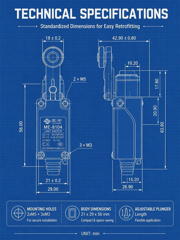 ME-8108 ME-8104 ME-8107 ME-8111 ME-8112 ME-8166-8169 Limit Switch Rotary Adjustable Roller Lever Arm Travel Switch AC250V NO NC