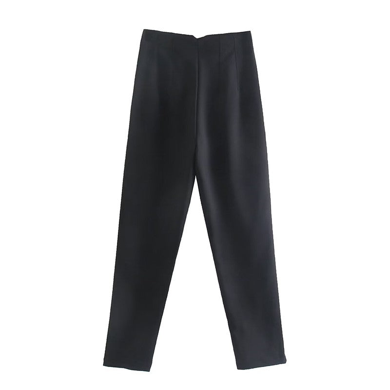 CLAZZAA Women Fashion Solid Front Zipper Pleated Straight Pants Vintage High Waist Full Length Female Chic Lady Trousers
