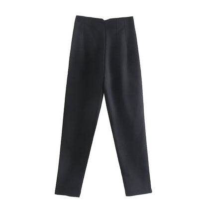 CLAZZAA Women Fashion Solid Front Zipper Pleated Straight Pants Vintage High Waist Full Length Female Chic Lady Trousers