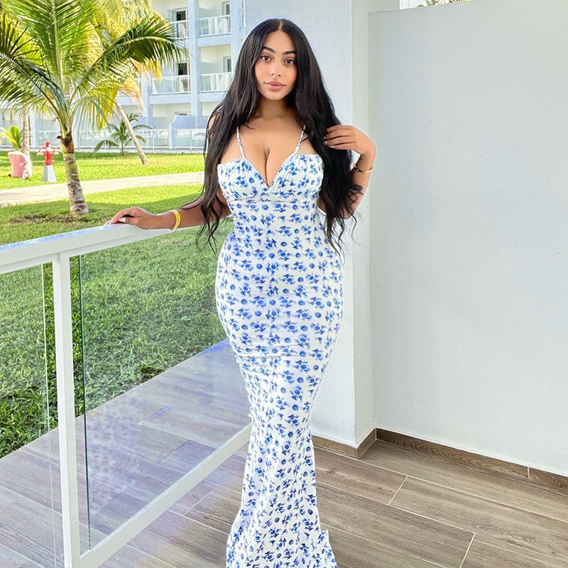 Hugcitar Floral Print Sleeveless Backless Slips Lace Up Maxi Dress Sexy Bodycon