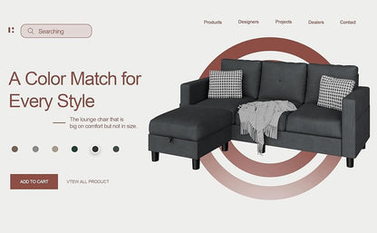 L-Shaped Couch 3 Seat Sofa Set with Linen Fabric and Ottoman Small Couch for Apartments, Black sofa set living room furniture