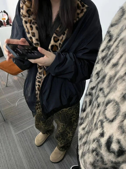 American Retro Harajuku Leopard Print Reversible Zipper Jacket Women Streetwear Trendy Casual Autumn and Winter Warm Plush Coat