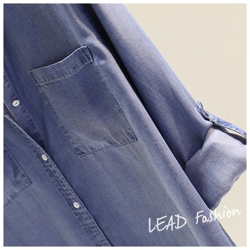 Fashion Women's Clothing Shirt Medium Long Containing Cotton Shirt Loose Fit Long Sleeve Double Pocket Rolled Sleeve Thin Blouse