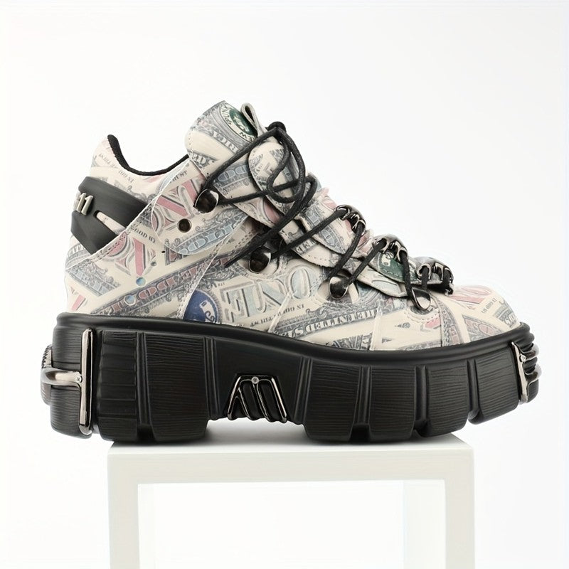 Casual Female Runway Shoes Platform Metal Toe Chunky Sneakers Women Gothic Punk Style Sneakers Rock Design Black Walking Shoes