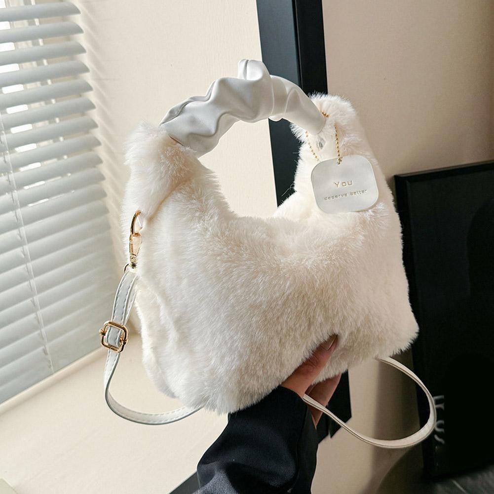 New Winter Plush Handbag Small Half Moon Crossbody Bag Simple Elegant Cute Ladies Shoulder Bag