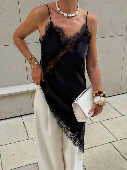 New Lace Mini Spaghetti Strap Dress For Women Irregular Backless Slit Sexy Evening Party Dress Female High Waist Bottom Dresses