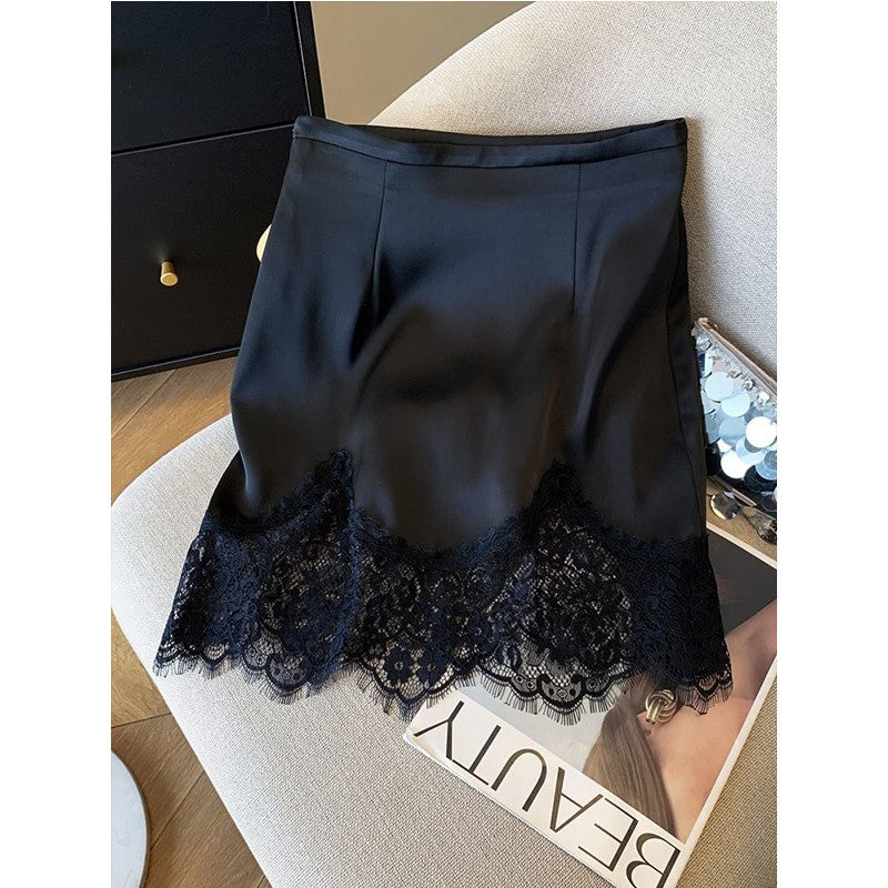 Ladies Fashion Lace Patchwork Satin A-line Skirt Summer High Waist Solid Color Temperament Skirt Women Clothes Simplicity Skirt