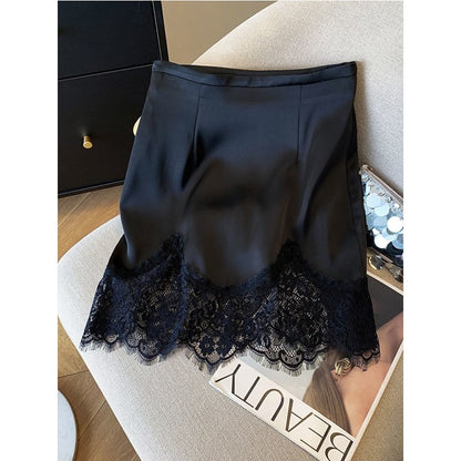Ladies Fashion Lace Patchwork Satin A-line Skirt Summer High Waist Solid Color Temperament Skirt Women Clothes Simplicity Skirt