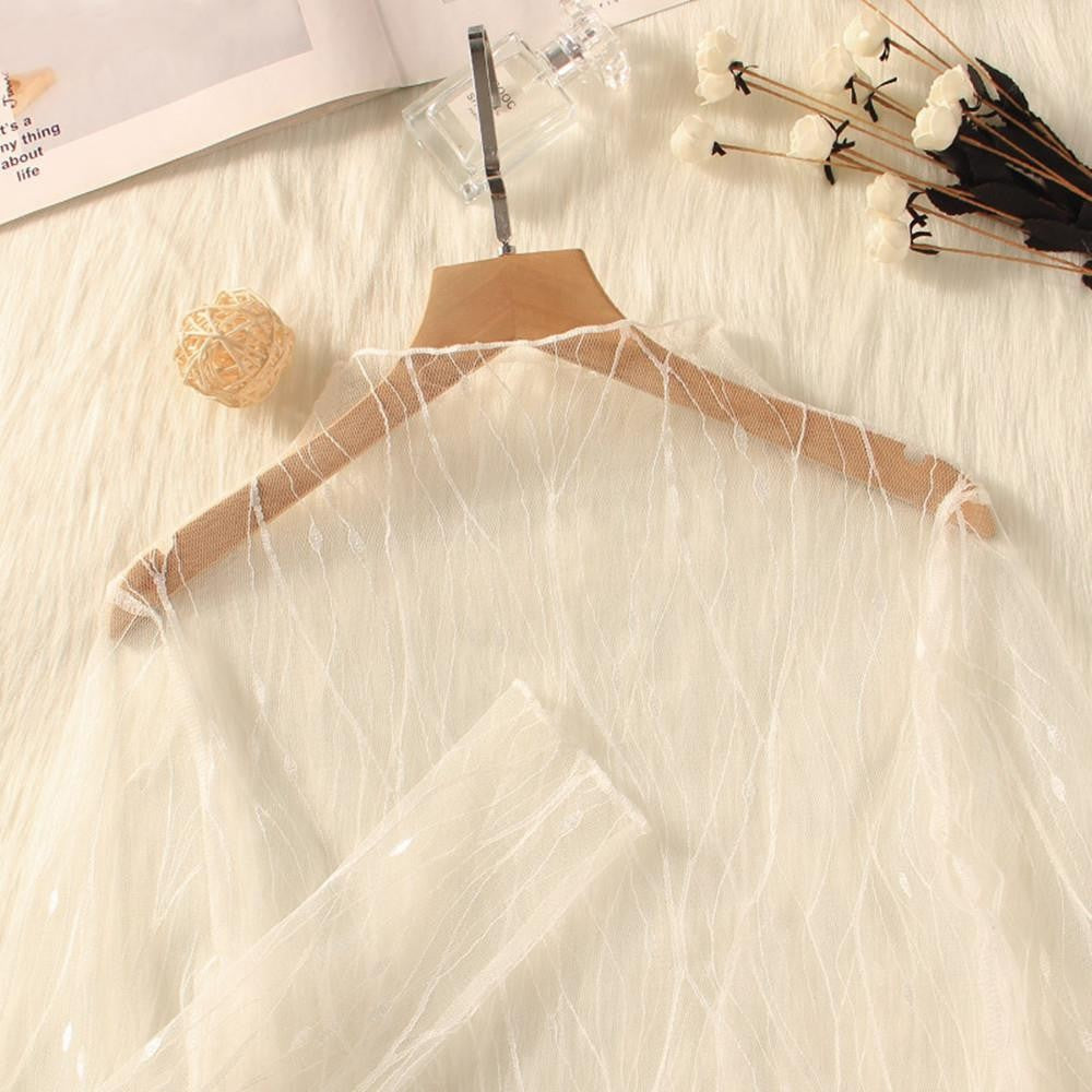 Lace Sheer Women‘s T-Shirt Fashion Mesh Summer Thin Bottom Shirt Transparent Long Sleeve Blouses Ladies Tops High Neck Tee Soli