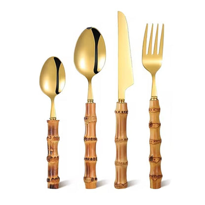 Conjunto de Talheres com Cabo de Bambu Natural, Talheres de Aço Inoxidável, Talheres de Cozinha, Inclui Garfos Colheres Facas Talheres