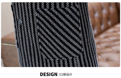 Classic Autumn Winter Men's Mid-Length Woolen Coats Casual Striped Overcoat Outwear Windbreaker Business Warm Long Jackets