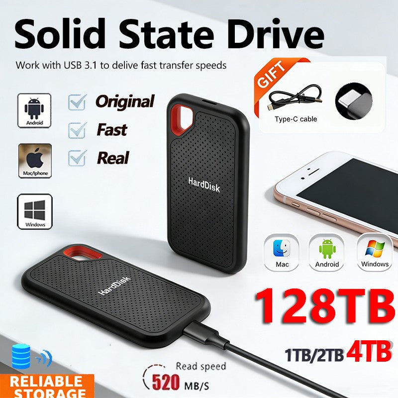 HD Externo de Alta Velocidade 128TB/64TB Disco Rígido de Alta Qualidade 2TB SSD Portátil 4TB USB3.1 Unidade de Estado Sólido para Mac/PC/Laptop/Celular