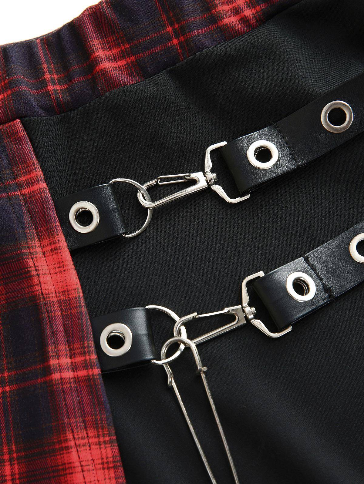 ROSEAGL Plus Size Plaid Patchwork Grommets PU Leather Stripes Asymmetrical Skirt Female Casual Large Size Women Y2K Skirts