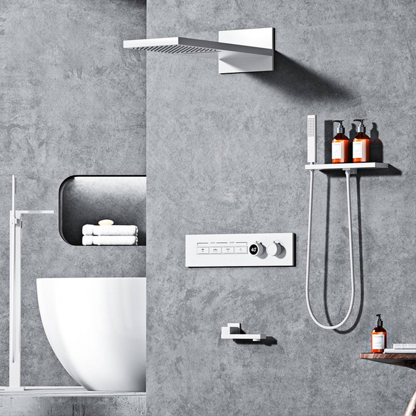 Luxury gun gray brass thermostatic shower system wall mounted LED digital display hot and cold water bathroom embedded faucet