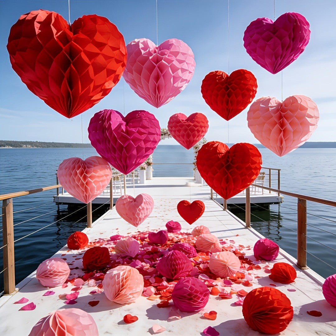 10 pcs Valentine's Day heart-shaped paper felt balls, party hanging ornaments, - red and pink honeycomb balls, wedding, birthday