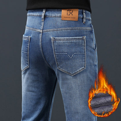 2024 Winter Warm Jeans Men's Fleece Thickened Slim Straight Trousers Fashion Stretch Cotton Casual Denim Pants Brand Clothes