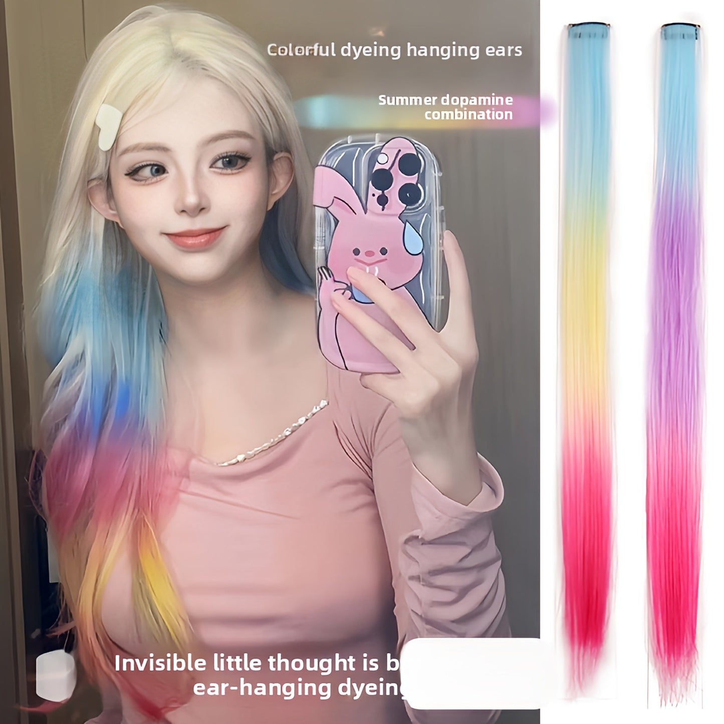 Extensões de Cabelo com Brilho em Degradê de Três Cores, Presilhas em Cabelo Sintético Arco-Íris com Brilho, Extensões de Cabelo com Brilho Resistentes ao Calor