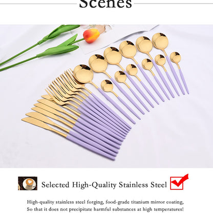 Conjunto de Talheres Roxo de 24 Peças com Cabo Roxo em Aço Inoxidável Dourado, Faca, Garfo, Colher de Café, Conjunto de Talheres Prateados