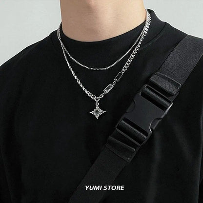 Colar de Hip Hop Zircon Star Camada Dupla Masculino Feminino Tendência Charme Aço Titânio Pingente Corrente Unissex Joias Atacado