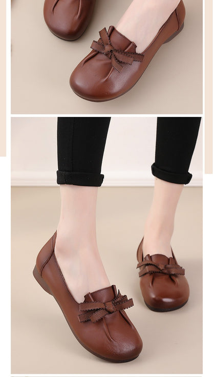 Vintage Plain Oxfords Shoes Women's Genuine Leather Flats Ladies Laced Up Moccasins Elderly Woman Square Toe Driving Loaferss