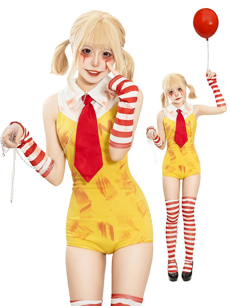 Women Halloween Funny Clown Girl Cosplay Jumpsuit Complete Accessory Set Ladies Party Roleplay Costume Cute Carnival Slim Outfit