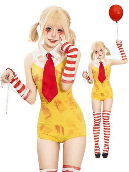 Women Halloween Funny Clown Girl Cosplay Jumpsuit Complete Accessory Set Ladies Party Roleplay Costume Cute Carnival Slim Outfit