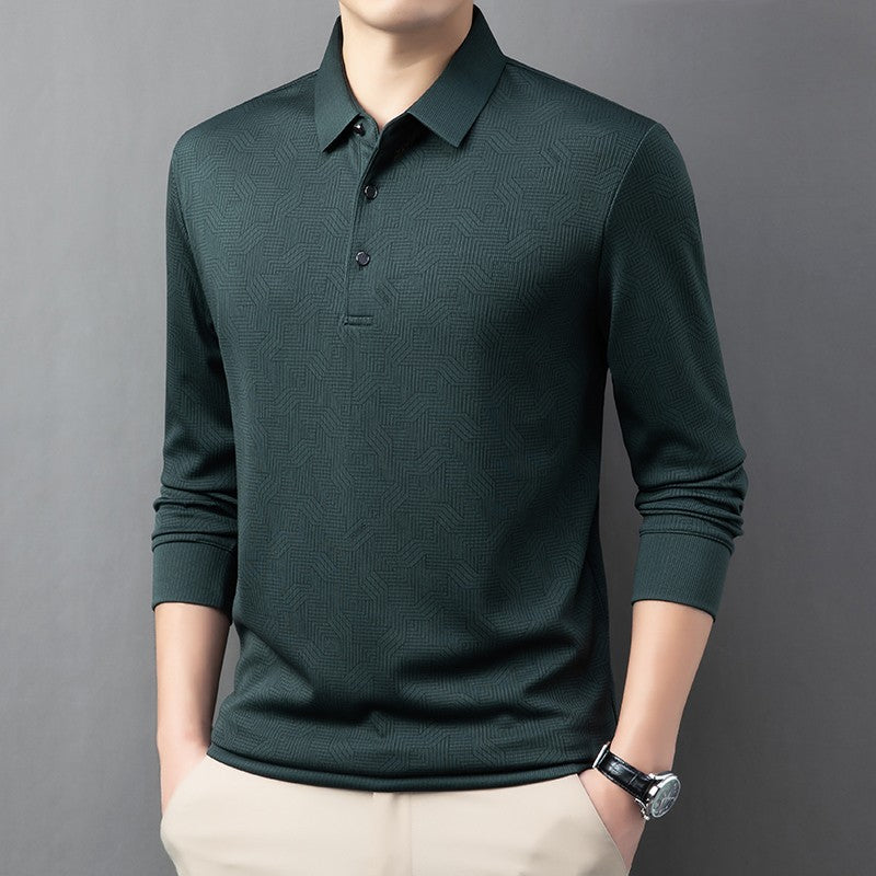 New Men's Business Casual Long Sleeved Shirt with Badge Solid Color Polo Shirt Fashionable Breathable Comfortable Versatile Top