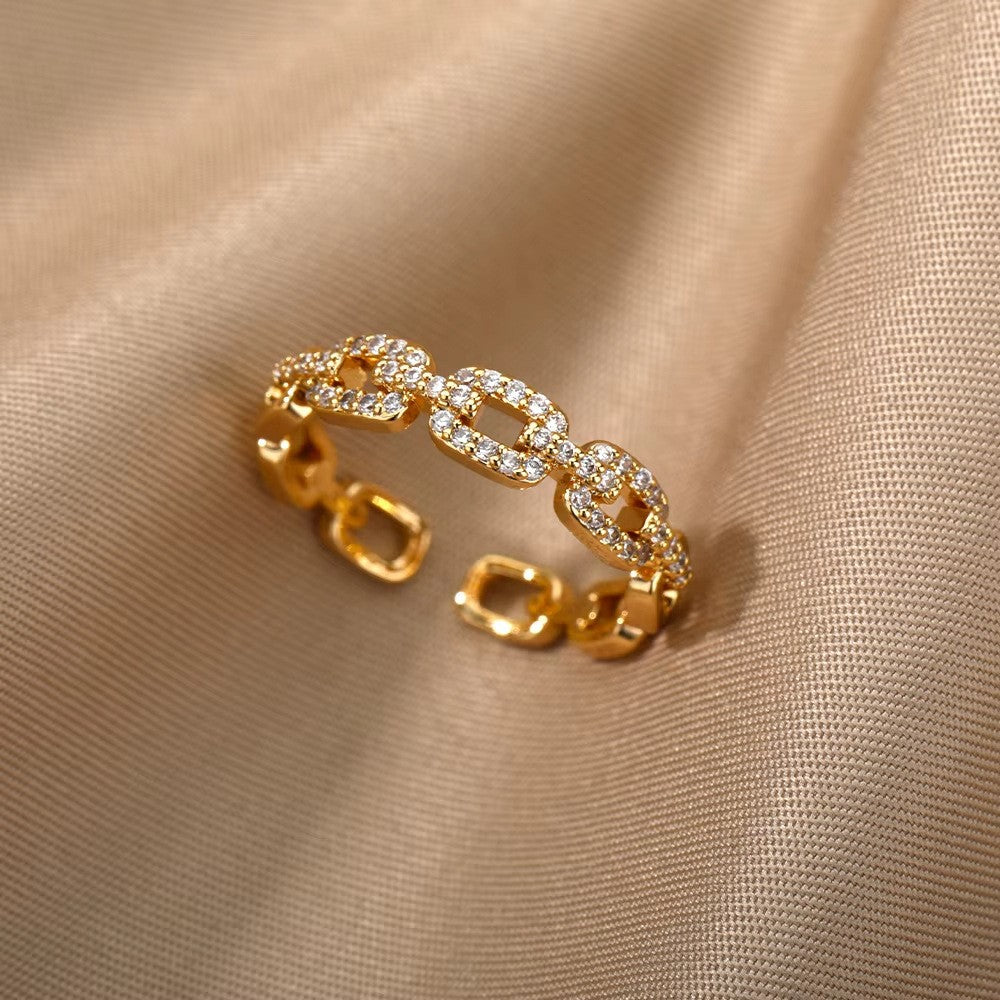 Anéis de Aço Inoxidável Banhados a Ouro com Cristal para Mulheres Corrente Geométrico Zircônia Anel de Dedo Joia Presente anillos mujer 2025 Novo e Moderno