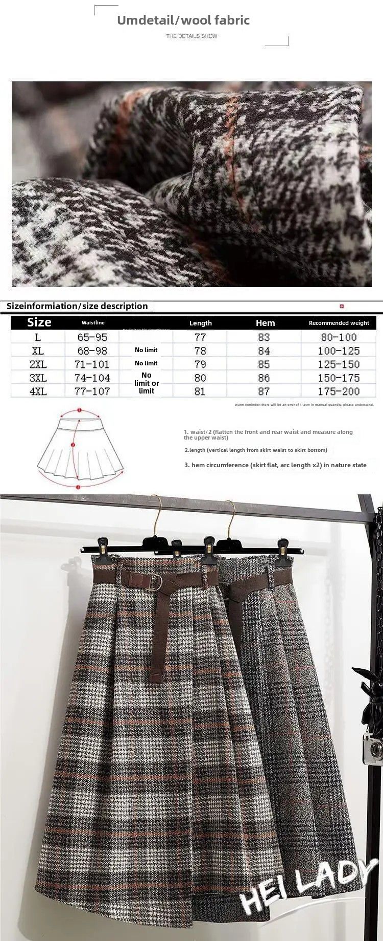 WoolenPlaid Irregular Large-Length Skirt New Spring-Autumn Vintage High-Waisted Slimming Medium-Length Women's Skirt
