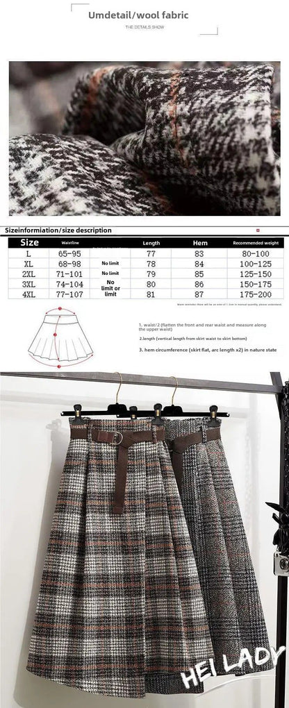 WoolenPlaid Irregular Large-Length Skirt New Spring-Autumn Vintage High-Waisted Slimming Medium-Length Women's Skirt