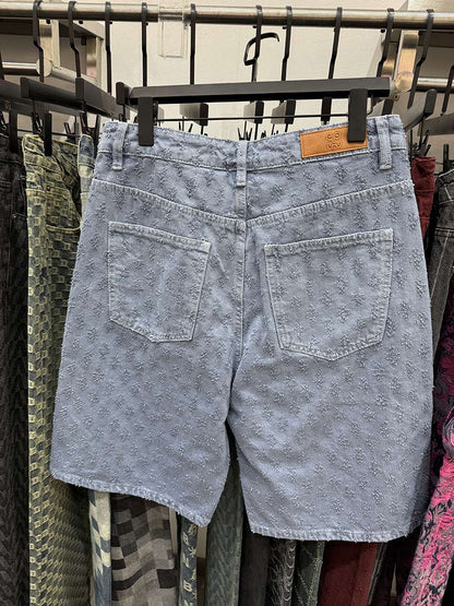 New Summer Men Distressed Short Jeans Vintage Jacquard Straight Leg Men's Denim Shorts Pants