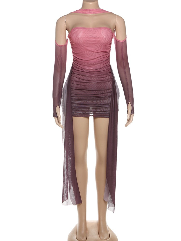 Nibber Summer Vacation Sexy See Through Dress+Shawl Women Ruched Side Ribbon Coquette Skinny Midnight Clubwear Party Bodycon