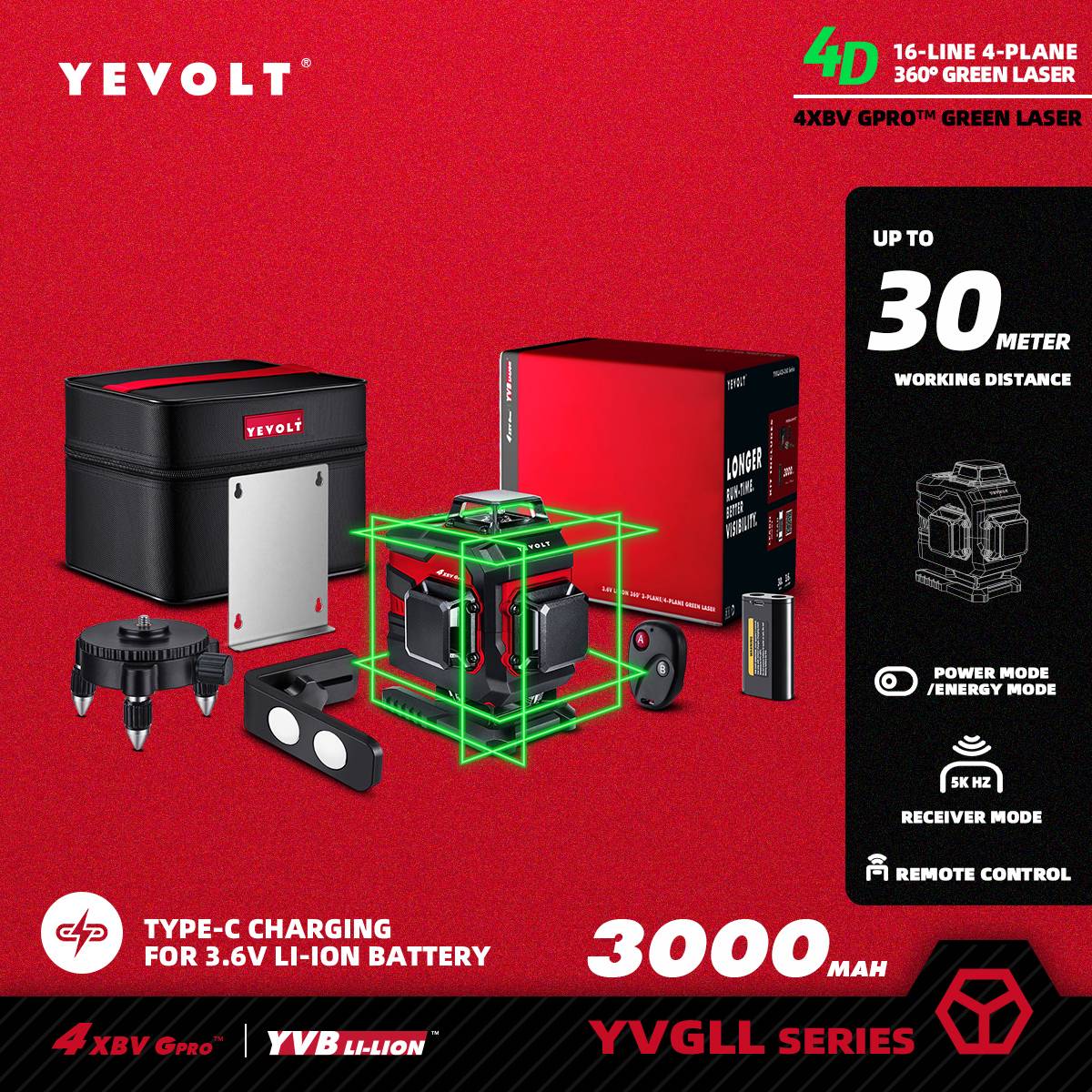 Nível a Laser Verde YEVOLT YVGLL4XS-Series 3/4 Planos 12/16 Linhas Autonivelante 360 3D/4D Horizontal e Vertical Ferramenta de Medição de Energia