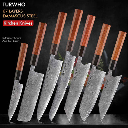 TURWHO Hand Forged Japanese Kitchen Knives Damascus Chef Knife High Carbon VG10 Steel Santoku Nakiri Bread Utility Handmad Knife