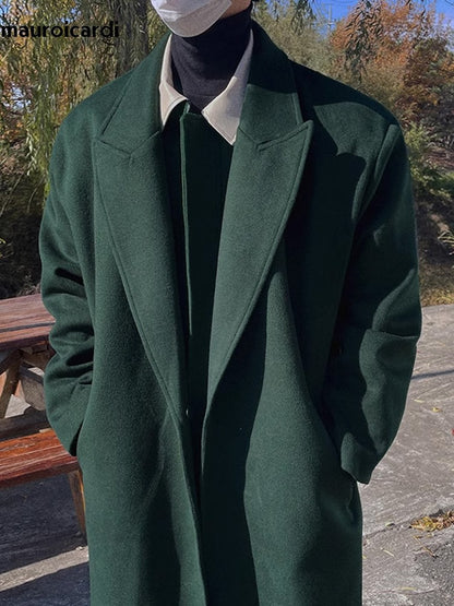 Mauroicardi Autumn Winter Long Warm Oversized Soft Dark Green Black Woolen Coat Men Loose Casual Korean Wool Blends Overcoat
