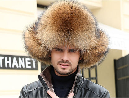 Real Fur 100% Fox Skin Russian Businessmen Pilot Bombers Full Mao Men's hat Ushanka Winter Ear Guard Hat Raccoon Fur Beanie hat