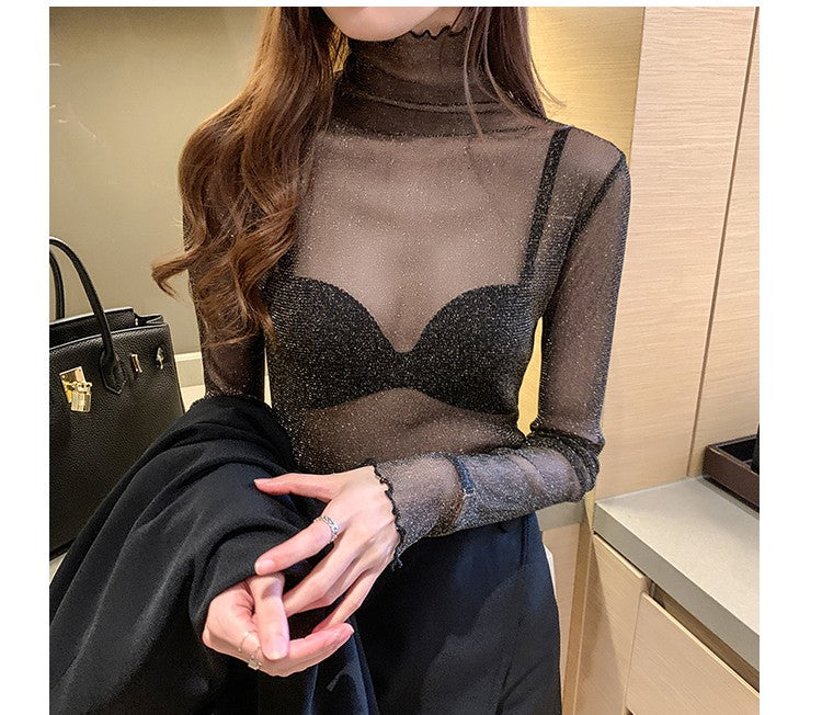 Spring Summer Women's Sexy See Through Mesh Blouse Long Sleeve Transparent Shining Elegant Shirt Fashion Women Tops 2025