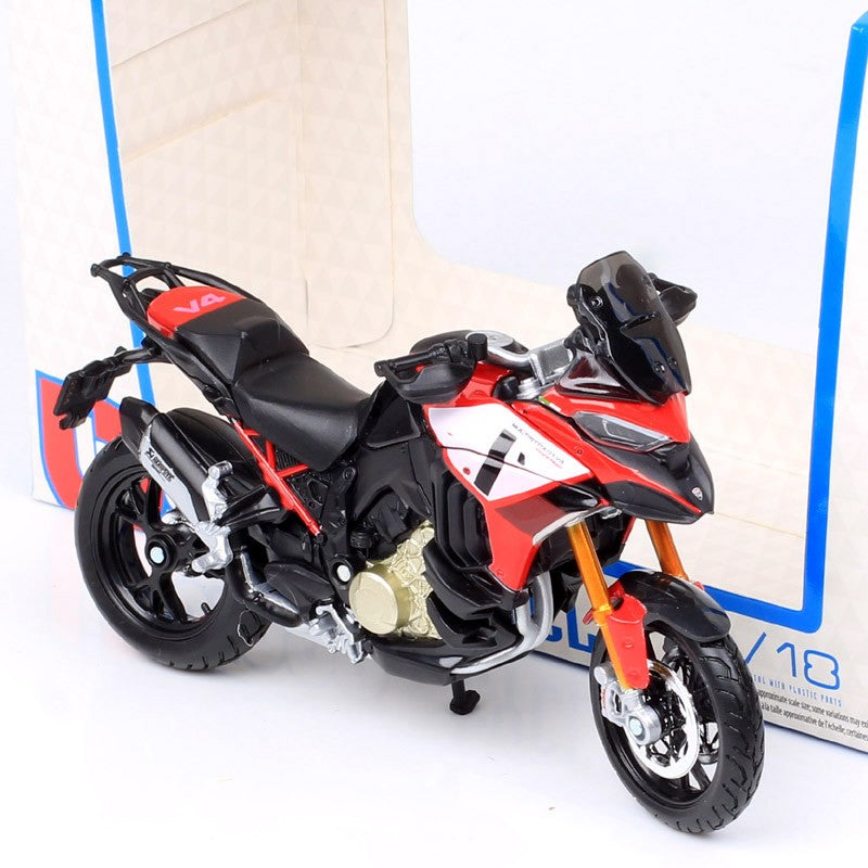 Miniaturas de moto de aventura Bburago Ducati Multistrada V4 Pikes Peak em escala 1/18, modelo de motocicleta de brinquedo diecast, vermelha