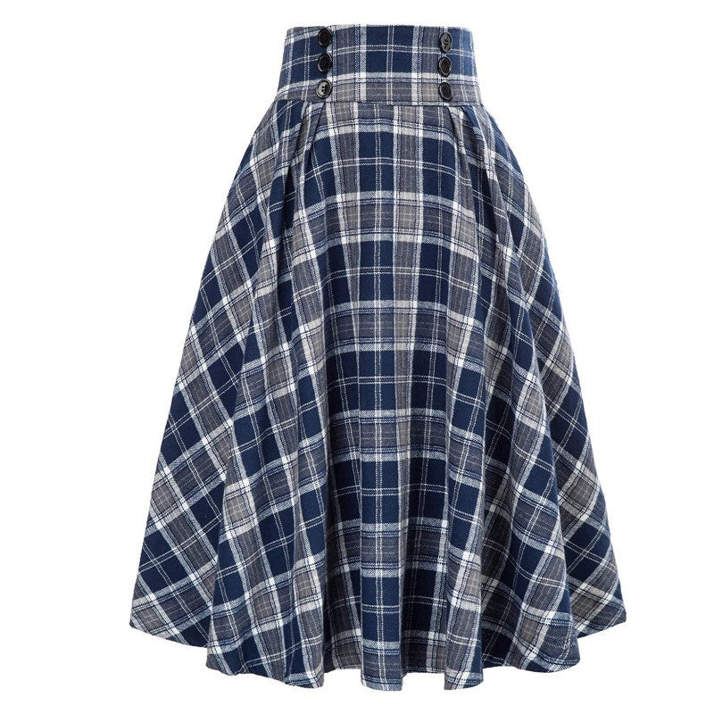 High Waisted Plaid Large Swing Skirt, Fashionable Women's Plaid Elastic Waisted A-line Skirt