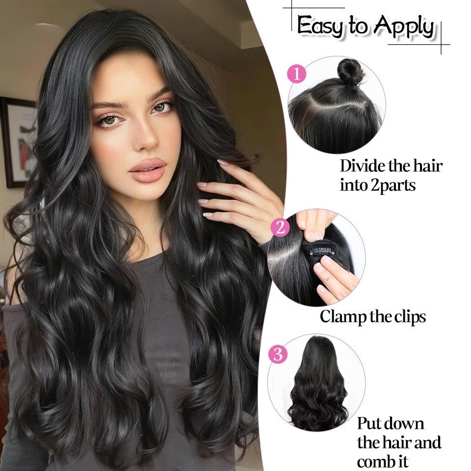 ?Extensões com Presilha em V Cabelo Sintético Ondulado com 4 Presilhas Castanho Preto Extensões de Uma Peça para Mulheres Uso Diário
