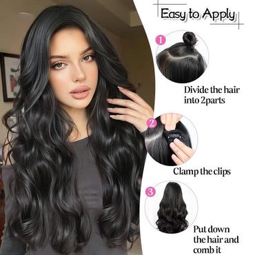 ?Extensões com Presilha em V Cabelo Sintético Ondulado com 4 Presilhas Castanho Preto Extensões de Uma Peça para Mulheres Uso Diário